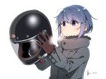  1girl blue_hair closed_mouth commentary_request fur-trimmed_jacket fur_trim hair_between_eyes helmet highres holding holding_unworn_helmet jacket long_sleeves purple_eyes shima_rin short_hair simple_background solo unworn_headwear unworn_helmet upper_body white_background yas_(yosiyasuyasu) yurucamp yurucamp_movie 