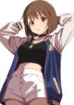  1girl absurdres arms_behind_head black_choker black_tank_top blue_jacket blunt_ends breasts brown_eyes brown_hair choker commentary_request cowboy_shot from_below hagiwara_yukiho highres idolmaster idolmaster_(classic) idolmaster_million_live! idolmaster_million_live!_theater_days jacket letterman_jacket long_sleeves looking_at_viewer medium_breasts niwatorimushi official_alternate_costume open_clothes open_jacket short_hair shorts simple_background solo standing sukajan_gyarus_(idolmaster) tank_top white_background white_shorts white_sleeves 