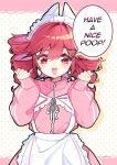  1girl :d ahoge apron artist_name clenched_hands commentary drill_hair english_commentary english_text frilled_apron frills hair_between_eyes hands_up highres kasane_teto kayline.kio long_sleeves looking_at_viewer maid_headdress open_mouth pink_track_suit red_eyes red_hair sleeves_past_wrists smile solo speech_bubble track_suit twin_drills utau white_apron zipper zipper_pull_tab 