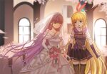  2girls absurdres black_gloves blonde_hair blurry blurry_background bouquet bridal_gauntlets bridal_veil closed_eyes closed_mouth commentary couple dress dress_flower falling_petals floating_hair flower gloves hair_ornament hair_stick heaven_burns_red highres holding holding_bouquet holding_hands kanzaki_adelheid kr_woyue kunai long_hair multiple_girls open_mouth petals pink_flower pink_petals pink_rose purple_hair rose satsuki_mari satsuki_mari_(tears_of_joy) shirt untranslatable_commentary veil very_long_hair weapon wedding wedding_dress white_dress white_flower white_gloves white_rose white_shirt wife_and_wife yuri 