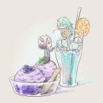  1boy 1girl aqua_eyes aqua_hair black_sclera blueberry colored_sclera crystal_necklace cucare8848 cup demon_boy demon_girl demon_horns dress drink drinking_glass food fruit grausam horns ice ice_cream ice_cube orange_(fruit) solitar_(sousou_no_frieren) sousou_no_frieren spoon white_dress 