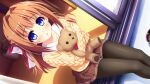  1girl :o black_pantyhose blue_eyes bow braid brown_hair brown_skirt cardigan collarbone dutch_angle from_above game_asset hair_bow hair_intakes half_up_braid hinata_nao holding holding_stuffed_toy hoshimi_yuki long_hair long_sleeves miniskirt non-web_source official_art on_windowsill open_mouth pantyhose plant pleated_skirt potted_plant sailor_collar sitting skirt stuffed_animal stuffed_toy teddy_bear white_bow white_sailor_collar window wooden_floor yellow_cardigan yuuwaku_scramble 
