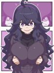  1girl @_@ ahoge alternate_breast_size_(larger) black_dress black_hair breasts commentary_request dress hair_between_eyes hairband hex_maniac_(pokemon) hex_maniac_(pokemon_xy) highres kanbei_(pixiv11037490) large_breasts long_hair long_sleeves messy_hair open_mouth pokemon pokemon_x_and_y purple_eyes purple_hair purple_hairband smile solo sweatdrop 