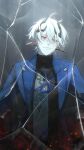  1boy absurdres ardashir_(arknights) arknights arknights:_endfield black_horns black_shirt blue_coat blue_eyes blush closed_mouth coat commentary crack cracked_glass crossed_bangs double-parted_bangs ear_covers embers english_commentary highres horns lapels long_pointy_ears long_sleeves looking_at_viewer male_focus moonya notched_lapels open_clothes open_coat pointy_ears shirt short_hair sketch smile solo turtleneck white_hair 