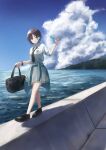  1girl absurdres ahoge asakura_toru bag black_bag black_necktie black_shoes black_socks blue_cardigan blue_eyes bracelet breast_pocket cardigan cardigan_around_waist clothes_around_waist cloud commentary earrings food grey_skirt highres holding holding_food holding_popsicle idolmaster idolmaster_shiny_colors jewelry loafers necktie ocean pleated_skirt pocket popsicle purple_hair ritug36k school_bag school_uniform shirt shoes skirt socks solo three-quarter_sleeves white_shirt 