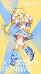  1girl :d ;d absurdres bare_shoulders blonde_hair blue_background blue_choker blue_leg_warmers blue_nails blue_ribbon blue_shoes blue_skirt blue_tank_top bow breasts character_name choker commentary crop_top detached_sleeves finger_frame full_body fur-trimmed_sleeves fur_trim garter_straps hair_bow hair_flaps hair_ornament hair_ribbon high_side_ponytail highres hoshikawa_sara layered_skirt leg_warmers long_hair looking_at_viewer medium_breasts midriff mika_pikazo miniskirt multicolored_skirt nail_polish navel nijisanji official_alternate_costume official_art one_eye_closed open_mouth pink_nails pleated_skirt ribbon second-party_source shoes side_ponytail skirt smile sneakers solo tank_top torn_clothes two-tone_background virtual_youtuber waist_ribbon x_hair_ornament x_vorder_runway yellow_background 