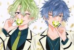  2boys blue_hair closed_mouth collared_shirt commentary_request confetti covered_mouth curtained_hair ensemble_stars! fingernails gem glint green_gem green_hair green_necktie hair_between_eyes highres jewelry lapels layered_sleeves long_sleeves looking_at_viewer male_focus multiple_boys necklace necktie notched_lapels one_eye_closed purple_eyes sazanami_jun shirt short_hair smile taro_(jujujunkun0227) tomoe_hiyori upper_body white_background 