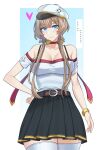 1girl alternate_costume artist_name azuran0 belt black_skirt blue_background blue_eyes border bra_strap breasts brown_belt brown_hair cleavage commentary detached_sleeves english_commentary genshin_impact hat highres large_breasts looking_at_viewer off-shoulder_shirt off_shoulder pleated_skirt sandrone_(genshin_impact) shirt short_hair_with_long_locks skirt solo thighhighs white_border white_hat white_shirt white_thighhighs 