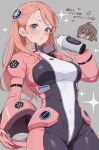  1girl aida_rayhunton bellri_zenam blue_eyes blush breasts commentary_request covered_navel drink ebum grey_background gundam gundam_g_no_reconguista helmet highres holding holding_drink holding_unworn_helmet large_breasts long_hair looking_at_viewer mecha_pilot_suit normal_suit_(gundam) open_collar pink_hair science_fiction sweat sweatdrop unworn_headwear unworn_helmet unzipped 