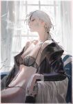  1girl 2026 absurdres artist_name black_bra black_panties black_robe bra breasts chainsaw_man couch curtains eyepatch highres kurikabacha long_hair medium_breasts navel on_couch panties quanxi_(chainsaw_man) robe sitting smoke solo stomach underwear very_long_hair white_hair 