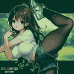  1girl artist_name black_pantyhose breasts brown_hair collarbone color_guide commentary_request crossed_arms denim denim_shorts green_eyes highres leg_up limited_palette long_hair looking_at_viewer navel open_mouth original pantyhose pixel_art shirt shoes short_sleeves shorts sidelocks sneakers solo specialhanako standing standing_on_one_leg stomach t-shirt white_shirt 