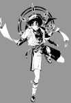  1boy arm_at_side armor bad_id bad_twitter_id belt bishounen blunt_ends bodysuit bow bridal_gauntlets choppy_bangs commentary covered_collarbone feathers full_body furisode gem genshin_impact grey_background greyscale hakama hakama_shorts halo halo_behind_head hand_up highres japanese_armor japanese_clothes juban kimono kote leg_warmers looking_to_the_side male_focus mandala mandarin_collar middle_ring monochrome open_clothes open_kimono parted_lips pleated_shorts pom_pom_(clothes) rope sandals scaramouche_(genshin_impact) short_sleeves shorts shoulder_peek side_cape solo tassel toes tsurime untranslatable_commentary variant_set vision_(genshin_impact) wanderer_(genshin_impact) zouri zzz_nn_z 