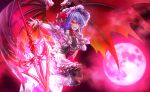 1girl alternate_costume bat_wings blue_hair bonnet boots breasts commentary_request dress finger_to_mouth frilled_wrist_cuffs frills full_moon garter_straps gloves hat hat_ribbon high_heel_boots high_heels highres miyakura_haruto moon red_eyes red_moon red_sky remilia_scarlet ribbon shushing sky small_breasts solo spear_the_gungnir thighhighs thighs touhou white_bonnet white_boots white_dress white_gloves white_thighhighs white_wrist_cuffs wing_ornament wings wrist_cuffs 
