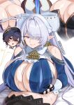  5girls absurdres ascot aurelia_academy_school_uniform bare_shoulders belle_(brilliance_of_stars)_(zenless_zone_zero) belle_(zenless_zone_zero) black_hat blue_hair breasts cleavage clothing_cutout commentary cum dress earrings eldreda_sunbringer english_commentary erotanuki futa_with_female futanari green_eyes grey_hair hair_between_eyes hair_over_one_eye hat highres huge_breasts jewelry long_hair looking_at_another lying mole mole_on_breast mole_under_mouth multiple_girls navel official_alternate_costume on_back on_bed paizuri pointy_ears purple_eyes remielle_dan school_uniform short_hair shoulder_cutout sigrid_de_l'azur simple_background smile velina_airgid white_background yellow_ascot zenless_zone_zero 