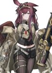  1girl animal_ears arknights artist_name black_bow black_pantyhose black_shorts blush bow breasts brown_jacket brown_vest commentary_request cropped_vest front-seamed_legwear hair_bow headlamp highres holding holding_weapon jacket jewelry large_breasts long_hair looking_at_viewer midriff multicolored_hair navel necklace off_shoulder open_clothes open_jacket pantyhose pantyhose_under_shorts pouch purple_eyes purple_streaks rabbit_ears rabbit_girl ray_(arknights) red_hair seamed_legwear short_sleeves shorts solo streaked_hair tans0b3 thigh_pouch vest visor_cap weapon 