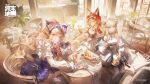  3girls animal_ear_fluff animal_ears arknights arknights:_endfield bird_ears bird_girl black_gloves black_horns black_pantyhose black_thighhighs blonde_hair blue_eyes cake cape chinese_commentary commentary_request copyright_logo copyright_notice cup demon_girl demon_horns dress drinking_glass fingerless_gloves food fruit gloves grey_hair hairband highres holding holding_cup holding_saucer hood hooded_cape horns indoors jacket jewelry liino_(arknights) logo long_hair looking_at_viewer low-tied_sidelocks multicolored_horns multiple_girls necklace off_shoulder official_art open_clothes open_jacket pantyhose partially_fingerless_gloves perlica_(arknights) pointy_ears pudding purple_dress purple_eyes purple_gloves purple_hairband purple_horns red_cape rossi_(arknights) satsuya saucer sidelocks sitting sleeveless sleeveless_dress smile star-shaped_pupils star_(symbol) strawberry strawberry_cake symbol-shaped_pupils teacup thighhighs tooth_necklace two-tone_horns white_dress white_jacket wolf_ears wolf_girl yellow_eyes 