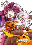  1boy 1girl 1other ahoge allen_walker alternate_hair_color animal_costume animal_ears blue_dress blue_eyes blue_ribbon blush brown_fur candy chain collar copyright_name creature d.gray-man dress english_text facial_mark fangs food forehead_mark frilled_dress frills golem_(d.gray-man) grin hair_between_eyes hair_over_shoulder hair_ribbon halloween_costume headdress highres lenalee_lee lero lollipop long_hair looking_at_viewer maid maid_headdress open_mouth parted_bangs pink_umbrella pumpkin purple_eyes purple_hair red_collar ribbon scar scar_across_eye scar_on_face sharp_teeth short_hair sidelocks simple_background smile spiked_collar spikes star_(symbol) star_facial_mark striped_clothes striped_dress tail teeth timcanpy two_side_up umbrella upper_body white_background white_hair wings wolf_costume wolf_ears x_x yu_chocochip 