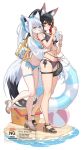  2girls :p ahoge animal_ear_fluff animal_ears aqua_eyes arm_strap bag bikini black_bikini black_hair blue_bikini breasts cleavage commentary cooler cropped_jacket double-parted_bangs extra_ears feet fox_ears fox_girl fox_tail front-tie_bikini_top front-tie_top full_body hair_between_eyes hair_ornament hairclip highres hololive hug hug_from_behind jacket large_breasts long_hair multicolored_hair multiple_girls navel ookami_mio pentagram platform_sandals ponytail red_streaks sandals shirakami_fubuki side-tie_bikini_bottom sidelocks simple_background single_hair_streak stomach streaked_hair swimsuit ta_shiuji30 tail tail_around_own_leg thigh_strap toes tongue tongue_out very_long_hair virtual_youtuber watermark white_background white_hair white_jacket wolf_ears wolf_girl wolf_tail yellow_eyes 