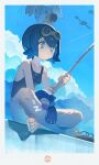  1girl 2ho 4others absurdres bare_shoulders barefoot blue_eyes blue_hair blue_one-piece_swimsuit blue_sky breasts cloud collarbone fingernails fishing fishing_rod flying full_body goggles goggles_on_head highres holding holding_fishing_rod indian_style lana_(pokemon) multiple_others on_head one-piece_swimsuit pokemon pokemon_(anime) pokemon_(creature) pokemon_between_legs pokemon_on_head pokemon_the_series:_sun_&amp;_moon popplio short_hair sitting sky sleeping small_breasts swimsuit toenails wingull zzz 