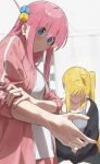  2girls absurdres ahoge black_jacket blonde_hair blue_eyes blush bocchi_the_rock! commentary_request cube_hair_ornament gotoh_hitori grey_shirt hair_ornament highres ijichi_nijika jacket jewelry long_hair multiple_girls open_clothes open_jacket open_mouth pink_hair pink_jacket ring seisyuntarotto shirt side_ponytail signature track_jacket white_shirt 