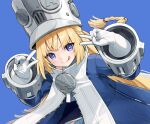  1girl blonde_hair blue_dress blue_eyes blue_jacket blush braid breasts collar double_v dress eretto gloves grey_hat hat high_collar highres jacket licking_lips long_hair long_sleeves looking_at_viewer norma_hollowell shako_cap small_breasts smile solo thighs tongue tongue_out two-tone_dress v white_collar white_dress white_gloves zenless_zone_zero 