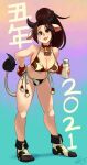  1girl alex_ahad animal_ears animal_print bell bikini black_bikini blue_background bottle breasts brown_hair chinese_zodiac commentary cow_ears cow_girl cow_print cow_print_bikini cow_print_socks cow_tail cowbell cup dated english_commentary fake_animal_ears fake_horns fatal_fury fingerless_gloves full_body gloves grin hand_on_own_hip highres holding holding_cup horns large_breasts leaning_forward long_hair looking_at_viewer milk milk_bottle new_year numbered orange_background ponytail print_bikini purple_background red_gloves shiranui_mai signature smile snk_heroines:_tag_team_frenzy swimsuit tail the_king_of_fighters white_bikini year_of_the_ox 