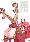  1girl absurdres ahoge animal_ears ass bird_ears bird_legs bird_tail blush breasts brown_tank_top coco_(eogks) feathers harpy highres large_breasts legs_up long_hair looking_at_viewer lying monster_girl nn_(eogks) on_back original panties red_feathers red_hair red_wings reference_inset simple_background skirt solo tail talons tank_top underboob underwear very_long_hair white_background white_panties winged_arms wings yellow_skirt 