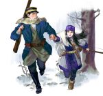  1boy 1girl asirpa belt black_hair black_pants blue_eyes blue_jacket boots bow_(weapon) brown_belt commentary_request full_body golden_kamuy gun headband highres holding holding_bow_(weapon) holding_weapon jacket korean_commentary luke_skyfaller pants parted_lips purple_headband rifle running scar scar_on_face sugimoto_saichi tree weapon 