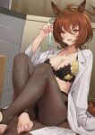  1girl absurdres agnes_tachyon_(umamusume) ahoge animal_ears barefoot black_bra black_pantyhose blush bra breasts brown_hair chemical_structure cleavage coat collarbone earrings hair_between_eyes highres holding holding_test_tube horse_ears horse_girl horse_tail jewelry kiri_kiri lab_coat large_breasts long_sleeves looking_at_viewer medium_hair midriff open_clothes open_coat open_mouth pantyhose paper red_eyes single_earring sitting smile solo tail test_tube umamusume underwear white_coat wolf_cut 