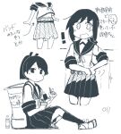  ! 2girls bottle closed_mouth commentary_request cowboy_shot fubuki_(kancolle) full_body hand_up holding kantai_collection kneehighs looking_at_viewer ma_rukan monochrome multiple_girls open_mouth pleated_skirt ponytail ribbon sailor_collar shikinami_(kancolle) short_sleeves siblings sisters sitting skirt socks translation_request white_background 