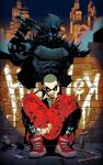  1boy 1girl absolute_batman absolute_dc absurdres axe bald batman batman_(absolute_dc) batman_(series) brick_wall broken_wall city commentary dc_comics english_commentary explosive eye_mask glowing glowing_eyes godtail grenade harley_quinn harley_quinn_(absolute_dc) highres holding holding_axe hood hoodie mask muscular muscular_male night nunchaku over_shoulder shoes shoulder_spikes smile sneakers spikes spray_can superhero_costume weapon weapon_on_floor weapon_over_shoulder 