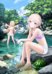  2girls alternate_costume bikini blonde_hair bottle brown_sandals closed_eyes commentary_request emyu_b food fruit hair_ornament head_on_hand head_rest highres holding holding_bottle hololive hololive_dev_is long_hair looking_at_viewer multiple_girls musical_note musical_note_hair_ornament nail_polish nature on_rock otonose_kanade outdoors purple_bikini purple_eyes purple_hair purple_nails river ruffle_bikini sandals short_hair shorts sitting soaking_feet swimsuit todoroki_hajime two_side_up virtual_youtuber wading watermelon white_bikini white_shorts 