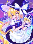  1girl :d ;d apron black_hat black_vest blonde_hair blue_bow blue_necktie bow braid chinese_text collared_shirt doll fang fumo_(doll) hair_bow hat hat_bow hat_ribbon highres holding holding_doll kirisame_marisa long_hair looking_at_viewer necktie one_eye_closed open_mouth pocket puffy_short_sleeves puffy_sleeves purple_background pusipusi ribbon shirt short_sleeves side_braid single_braid smile solo touhou translated very_long_hair vest waist_apron white_apron white_ribbon white_shirt witch_hat yellow_eyes 