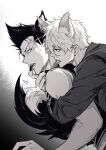  2boys animal_ear_fluff animal_ears barou_shouei blue_lock chuma_a_a commentary_request fangs fingernails from_side greyscale highres long_fingernails male_focus monochrome multiple_boys nagi_seishirou sharp_teeth short_hair tail teeth tongue tongue_out upper_body yaoi 