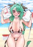  1girl animal_ears animal_print beach bikini breasts chuchanchel cleavage colored_sclera cow_ears cow_girl cow_horns cow_print cow_print_bikini crelly dice_hair_ornament green_hair grey_sclera hair_ornament heterochromia highres horns indie_virtual_youtuber jug_(bottle) large_breasts long_hair looking_at_viewer makeup milk mole mole_under_mouth open_mouth outdoors ponytail print_bikini red_eyes runny_makeup sand solo swimsuit thighs virtual_youtuber water 