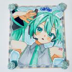  1girl ahoge aqua_eyes aqua_hair aqua_necktie arms_up detached_sleeves grey_shirt hatsune_miku headset highres komori_kamome looking_at_viewer marker_(medium) necktie parted_lips portrait shikishi shirt sleeveless sleeveless_shirt solo traditional_media twintails vocaloid 