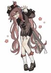  1girl black_hat blush brown_hair brown_jacket brown_shoes commentary_request flower flower-shaped_pupils full_body genshin_impact hair_between_eyes hat hat_flower highres hu_tao_(genshin_impact) jacket long_sleeves looking_at_viewer open_mouth orange_eyes red_flower shoes simple_background smile socks solo symbol-shaped_pupils tori26 twintails waving white_background white_socks 