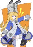 ! ahoge arm_up azuki_pii blonde_hair blue_coat blue_jacket blunt_bangs braid coat commentary_request garter_belt garter_straps gloves grey_hat grey_helmet hat helmet highres jacket large_hat long_hair norma_hollowell orange_background purple_eyes shako_cap shorts thighhighs twin_braids white_background white_garter_belt white_garter_straps white_gloves white_thighhighs wrist_cuffs zenless_zone_zero 