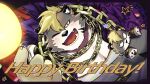  1boy balloon bara blonde_hair chain character_doll doll furry furry_male happy_birthday highres indie_virtual_youtuber looking_at_viewer male_focus nanaisan_(713) one_eye_closed open_mouth pectoral_cleavage pectorals rikugo_usuzumi solo tiger_boy virtual_youtuber 