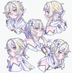  1girl banthyo_hiyo bare_shoulders blonde_hair blush bow braid closed_mouth commentary cropped_shoulders detached_sleeves flower frown genshin_impact hair_between_eyes hair_bow hair_flower hair_ornament highres looking_at_viewer lumine_(as_heaven_and_earth_are_made_anew)_(genshin_impact) lumine_(genshin_impact) multiple_views nose_blush official_alternate_costume scarf short_hair_with_long_locks simple_background twitter_username white_background white_bow white_scarf yellow_eyes 