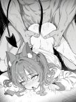  1boy 1girl absurdres animal_ear_fluff animal_ears artist_request ass blush bottomless commentary_request commission demon_tail doggystyle greyscale hetero highres jacket korean_commentary long_hair long_sleeves monochrome original second-party_source sex sex_from_behind solo_focus tail tongue tongue_out top-down_bottom-up 