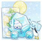  border chanmaru_8_time closed_eyes commentary_request drink eiscue food fruit glass highres holding holding_pokemon ice ice_cube lemon lemon_slice mint no_humans open_mouth pokemon pokemon_(creature) pokemon_focus regice sitting smile standing tiptoes vanillite white_border 