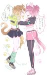  2girls absurdres ahoge animal_ears bandeau black_leggings black_shrug blue_skirt blush braid breasts brown_eyes brown_hair commentary_request dantsu_flame_(center_spotlight)_(umamusume) dantsu_flame_(umamusume) ear_covers green_socks hair_between_eyes hair_ornament hairband hairclip half_up_braid half_up_half_down_braid highres horse_ears horse_girl horse_tail jacket jewelry jungle_pocket_(champion's_battle_cry)_(umamusume) jungle_pocket_(umamusume) large_breasts leggings leggings_under_shorts lifting_person long_sleeves medium_hair midriff multicolored_hair multiple_girls notched_ear open_clothes open_mouth pink_hairband pink_shorts reya_p_d3 shirt shoes shorts shrug_(clothing) single_loose_sock skirt small_breasts socks speech_bubble steel-toe_boots suspender_skirt suspenders tail tied_shirt umamusume white_hair yellow_bandeau yellow_eyes yellow_jacket 