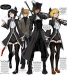  1boy 3girls absurdres animal_ear_legwear ascot bandaid bandaid_on_face black_bow black_coat black_gloves black_hair black_hat black_pants black_shirt black_shoes black_thighhighs black_vest blonde_hair blush bob_cut bow brown_eyes brown_hair brown_shoes cat_ear_legwear cigarette closed_mouth coat commentary corset cosplay dark-skinned_female dark_skin dawn_office_(identity)_(project_moon) don_quixote_(project_moon) english_commentary english_text exhaling_smoke eyepatch frilled_ascot frilled_sleeves frills full_body glasses gloves goth_fashion gothic_lolita green_eyes grey_coat hair_bow hat hat_feather headdress highres holding holding_polearm holding_weapon jacket kekel lance library_of_ruina limbus_company lolita_fashion long_sleeves looking_at_viewer maid_headdress multiple_girls one-eyed ootachi oscar_(project_moon) oscar_(project_moon)_(cosplay) outis_(project_moon) pamela_(project_moon) pamela_(project_moon)_(cosplay) pameli_(project_moon) pameli_(project_moon)_(cosplay) pants partially_shaded_face philip_(project_moon) philip_(project_moon)_(cosplay) polearm project_moon red_eyes ryoshu_(project_moon) shirt shoes short_hair simple_background sinclair_(project_moon) smile smoke smoke_trail smoking speech_bubble thigh_strap thighhighs tricorne turtleneck vest weapon white_ascot white_background yellow_eyes 