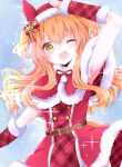  1girl animal_ears arm_warmers blush bow breasts capelet commentary_request dress fur-trimmed_capelet fur-trimmed_dress fur-trimmed_headwear fur_trim hair_between_eyes hat horse_ears horse_girl horse_tail long_hair looking_at_viewer mayano_top_gun_(party_formation)_(umamusume) mayano_top_gun_(umamusume) one_eye_closed open_mouth orange_eyes orange_hair orange_tail red_arm_warmers red_capelet red_dress reya_p_d3 santa_costume santa_dress santa_hat solo tail two_side_up umamusume wings 