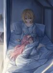  2girls arm_at_side arm_support barefoot bed blanket blonde_hair closed_mouth collarbone commentary couple cuddling green_eyes hand_on_another's_head hidarikata highres hug indoors kagari_mimi kimi_ga_shinu_made_koi_wo_shitai lap_pillow long_hair long_sleeves looking_at_another lying morning multiple_girls on_bed on_side pants pillow pink_hair shirt short_hair sitting sleeping sleepwear smile totsuki_shiina very_long_hair white_pants white_shirt yuri 