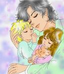  1girl 2boys animification black_hair blonde_hair brother_and_sister brown_hair child closed_eyes commentary_request father_and_child father_and_daughter father_and_son lips michael_jackson multiple_boys parent_and_child paris_jackson partial_commentary prince_jackson real_life siblings smile stuffed_animal stuffed_toy tareneko14 teddy_bear third-party_source wavy_mouth 