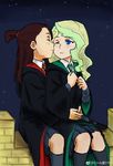  blonde_hair blue_eyes brown_hair cheek_kiss closed_eyes commentary_request diana_cavendish hair_ribbon harry_potter hogwarts_school_uniform hug hug_from_behind kagari_atsuko kiss little_witch_academia multiple_girls one_eye_closed ribbon sky star_(sky) starry_sky yuri 