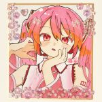  1girl detached_sleeves hand_in_own_hair hands_up hatsune_miku head_rest highres komori_kamome long_hair looking_at_viewer marker_(medium) parted_lips pink_hair red_eyes sakura_miku shikishi shirt sleeveless sleeveless_shirt solo traditional_media twintails upper_body vocaloid 