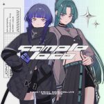  2girls belt black_nails blue_hair blunt_bangs blunt_ends choker coat commentary_request crop_top culua expressionless facial_mark gem gradient_hair green_hair hand_on_own_hip high_collar high_ponytail highres kisaki_(rk_music) lemontea long_hair long_sleeves looking_at_viewer looking_down midriff multicolored_hair multiple_girls nail_polish navel official_art parted_bangs parted_lips pearl pink_hair ponytail puffy_long_sleeves puffy_sleeves rk_music sample_watermark see-through_clothes see-through_shirt shirt short_hair shorts side_slit sidelocks sleeves_past_fingers sleeves_past_wrists thighhighs virtual_youtuber wallet_chain watermark 